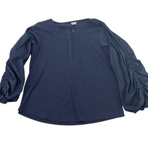 Chicos Navy Blue Ruched Sleeve Henley Long Sleeve Top Womens Size 2 L